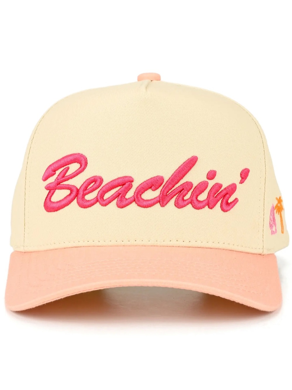 C.C Beachin' Embroidered SnapBack Trucker Hat in Cream and Pink